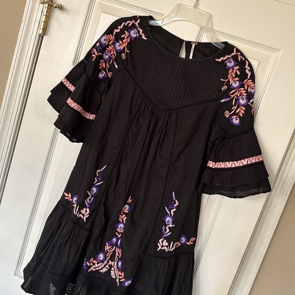 Free People Black Boho Ruffle Pavlo Mini Dress Orange Purple Floral Embroidery - Picture 7 of 16